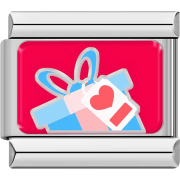 Blue and pink gift box with a heart tag on a bright red background